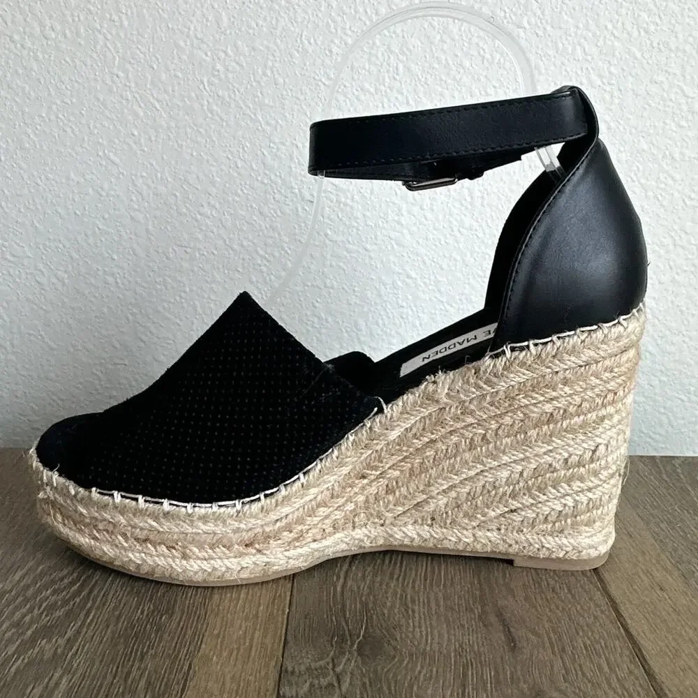 Steve Madden Josey Espadrille Wedge Sandal Women Black Perforated Suede Sz 8